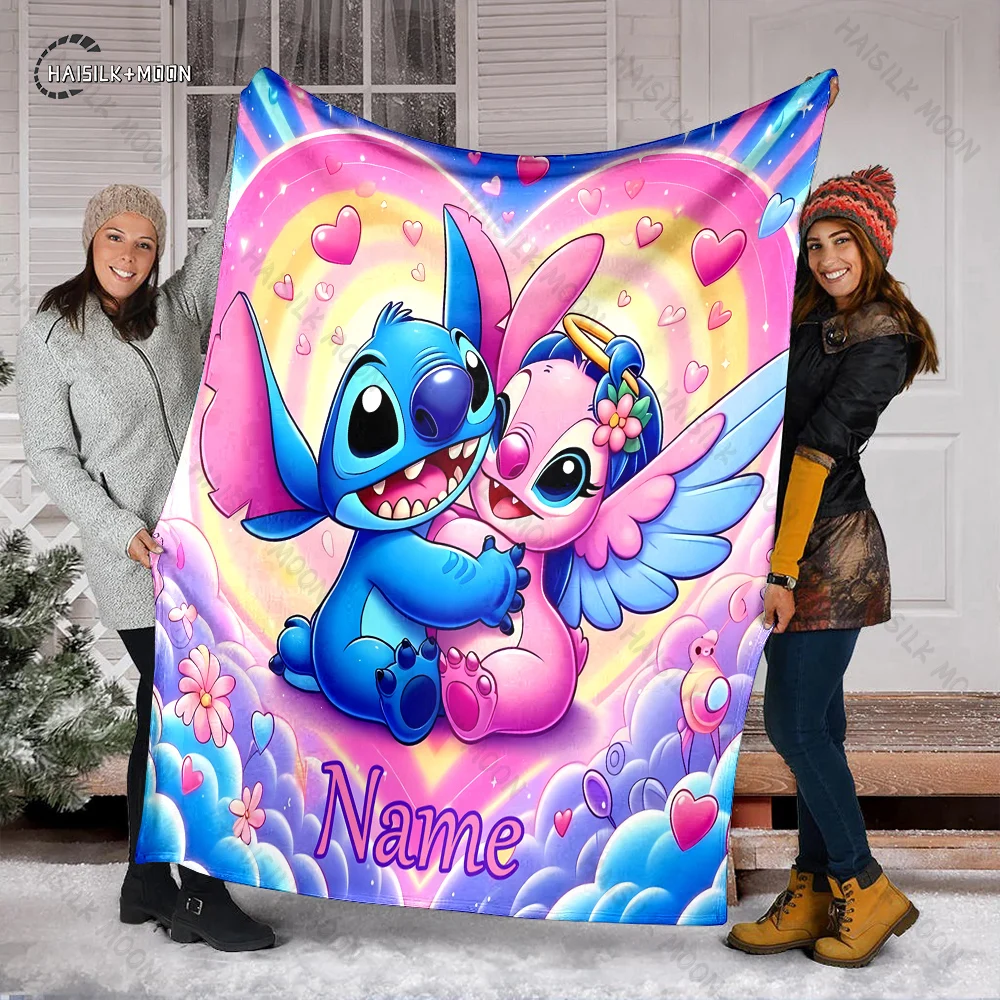 Custom Name Personalized Blanket Disney Stitch Fluffy Soft Flannel Sofa Adult Blanket Office Lunch Break Blanket Kid Gift