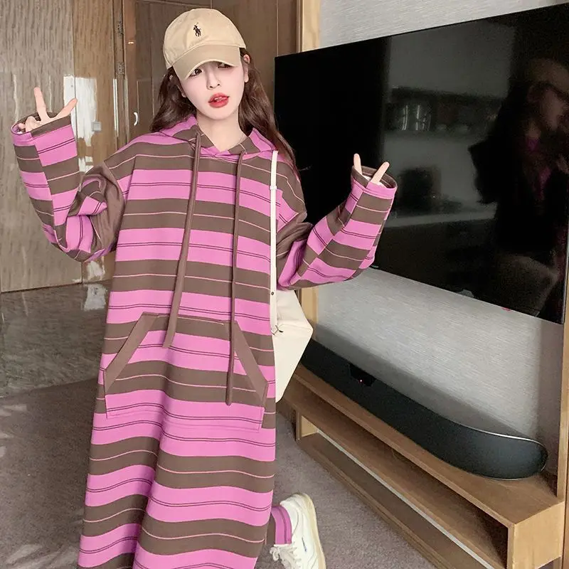 Belle robe mi-longue rayée Patchwork sweats robe Femme automne hiver surdimensionné décontracté robes amples femmes vêtements t-shirt Dres