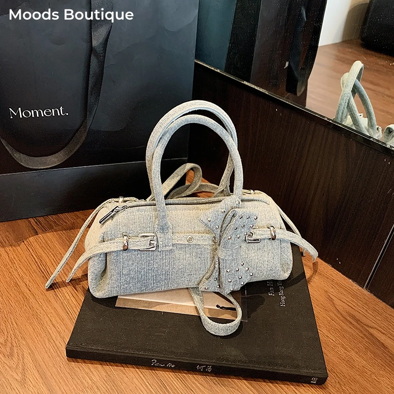 Sweetie Bowknot Small Bowling Bag For Women Denim Fabric Shoulder Crossbody Bag 2026 Fashion Luxury Desinger Purses And Handbags