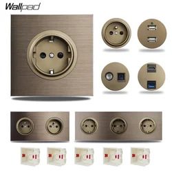 EU French Wall Socket Electrical Power Outlet Brushed Brown Aluminum 1-5 Posts Plate USB Charge Port RJ45 CAT6 Wiring Outlet