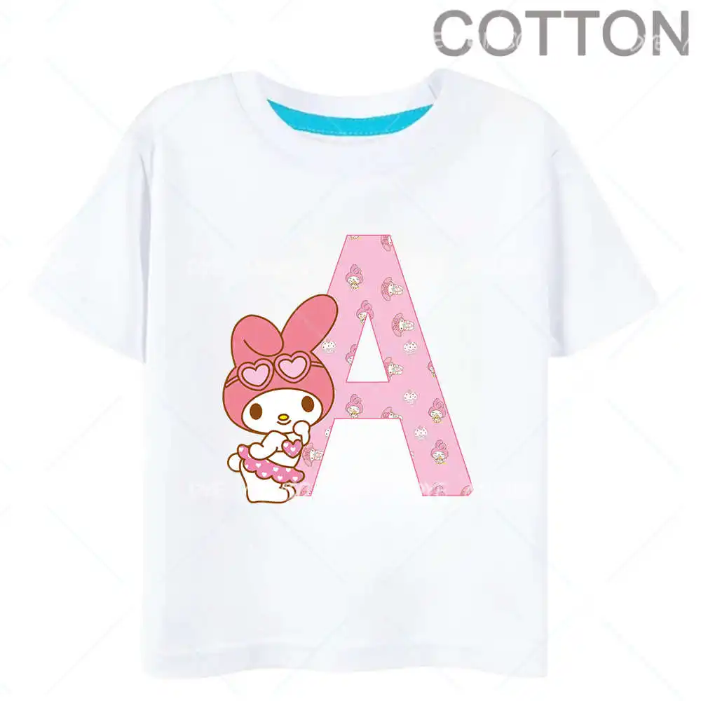 

White Melody Anime Letter ABCD Cotton Children T-Shirt Name Combination Tee Shirts Cartoons Kawaii Kid Casual Girl Boy Harajuku