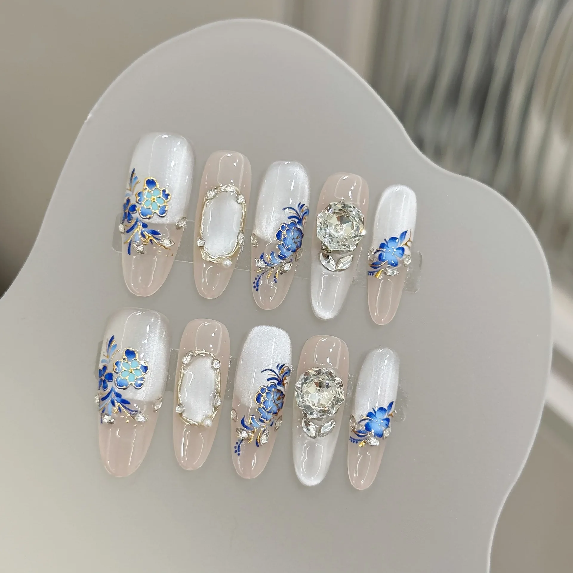 

10pcs Celadon Porcelain Press On Nails New Chinsese Style Long Almond French Handmade False Nail Rhinestone Blue Flower Manicure