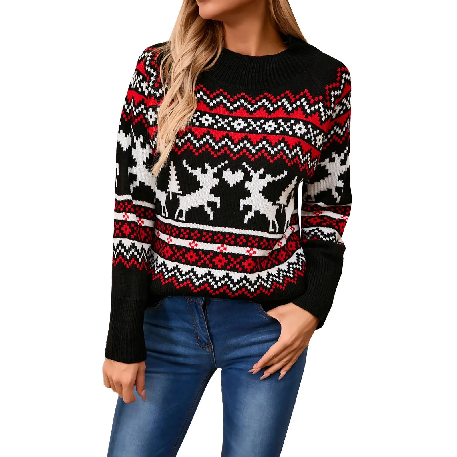 Snowflake Reindeer Print Womens Christmas Sweater Knitted Long Sleeve New Year Eve Causal Pullover Xmas Style Hoodies Jumper Top