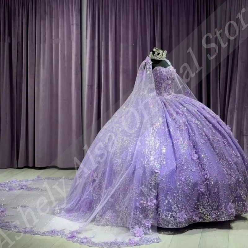 AQ16 personalizado mexicano lavanda Vestido De xv Anos flor apliques Vestido De baile dulce 15 16 años niña Vestido para quinceañeras con capa