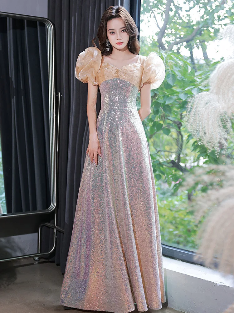 

Women French Short Sleeve Long A-Line Formal Prom Sparkly Sequins Evening Gowns