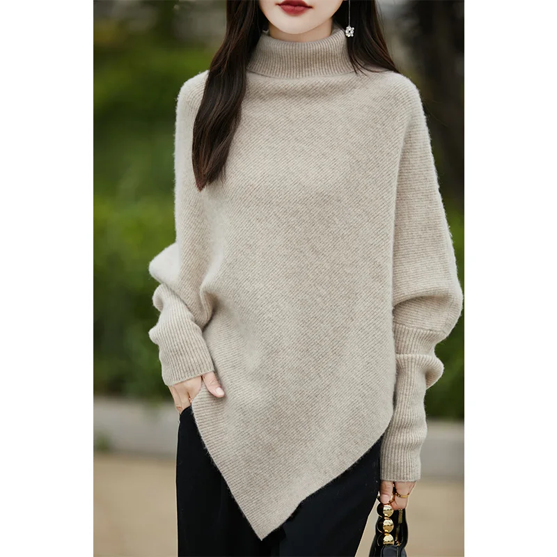 High Neck Long Sleeved Solid Color Wool Sweater For Women\'s Autumn Winter French Fashion Turtle Diameter Jumper Loose Knit Shawl