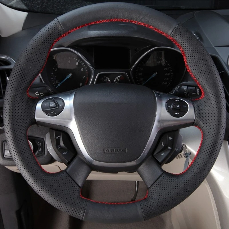 Czarny pokrowiec na kierownicę z miękkiej sztucznej skóry do samochodu Ford Focus 3 2012-2014 C-MAX 2011-2014 KUGA Escape 2013-2016