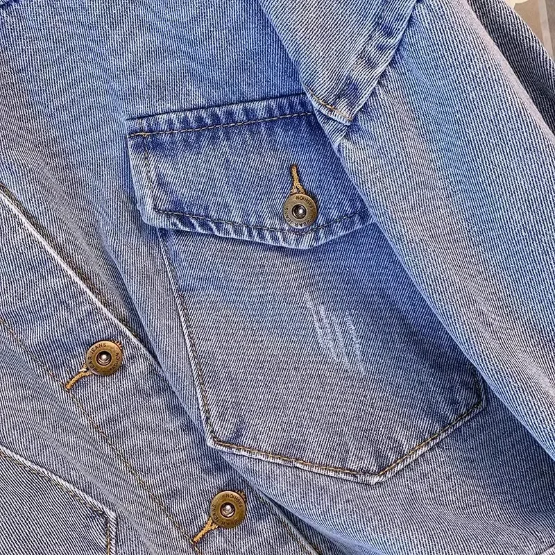 

Blue Short Denim Jacket Frayed Big Pocket Spring Autumn Women Loose Casual Lapel Long Sleeve Single-Breasted Jeans Jacket Coat