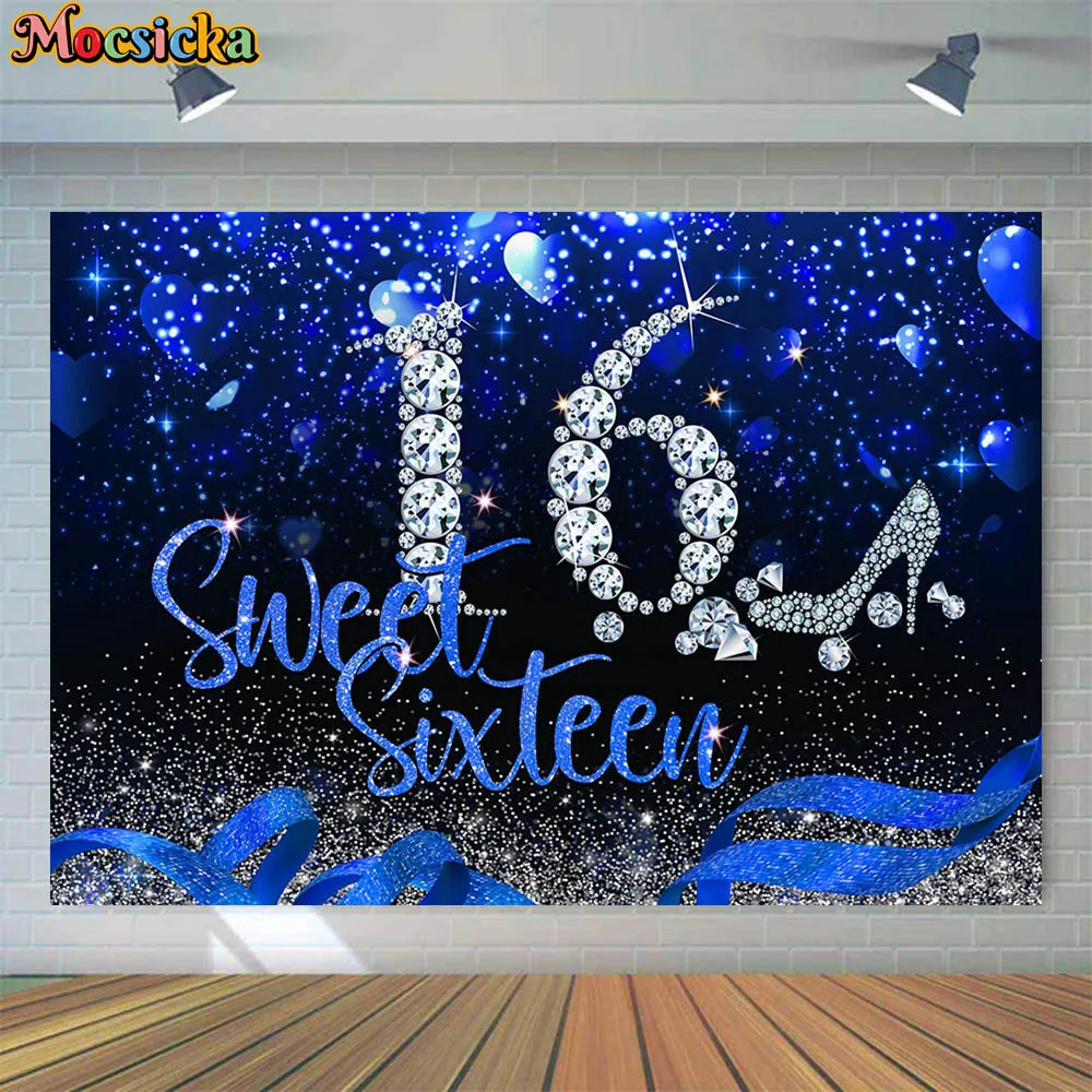 Mocsicka Sweet Sixteen Backdrop Girl 16th Birthday Party Background Decor Glitter Royal Blue and Silver Diamond Studio Photocall