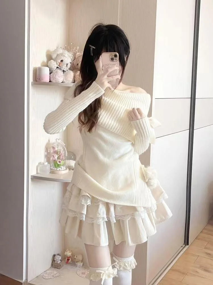 

Женский осенне-зимний вязаный свитер и юбка-кейк Spicy Girl Pure Desire: комплект из двух предметов с одним открытым плечом и высокой талией