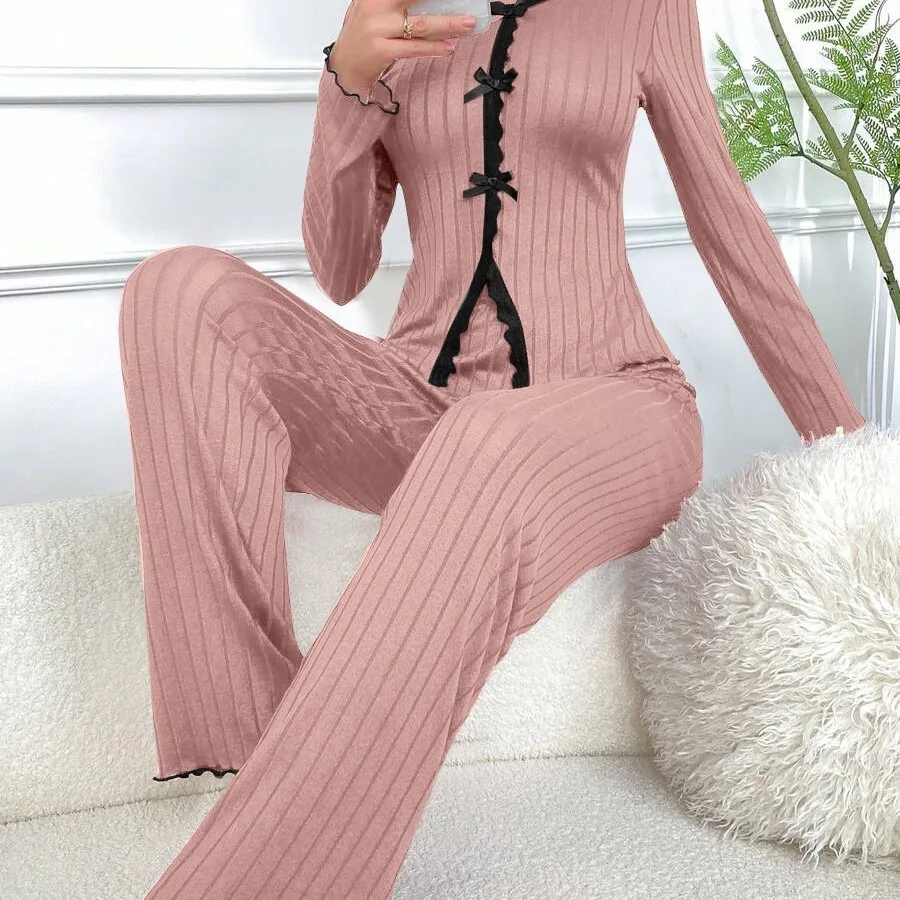 2-Piece Women's Autumn and Winter Pure Color Elegant Bow Women's Simple Long-Sleeved Pants Pajama Set Leisure home clothing