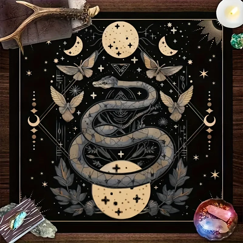 1pc Tarot Card Tablecloth, Serpent & Butterfly Moon Phases Pattern, Square Altar Cloth, Mystical Divination Mat for Room
