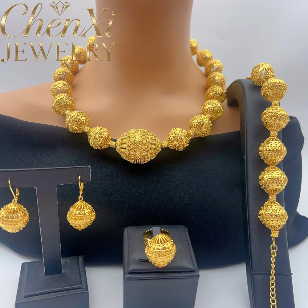 High-End Luxury Elegant Alluvial Gold Fashion Popular Jewelry Set Women Wedding Party Banquet Necklace Earrings Ring 4pcs Gift