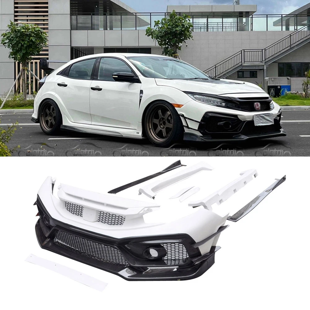 For Honda Civic 10TH FK8 VAS Style Body Kits Carbon + FRP Front Bumper Lip Spoiler Side Skirts Splitters Canards Trims Grille