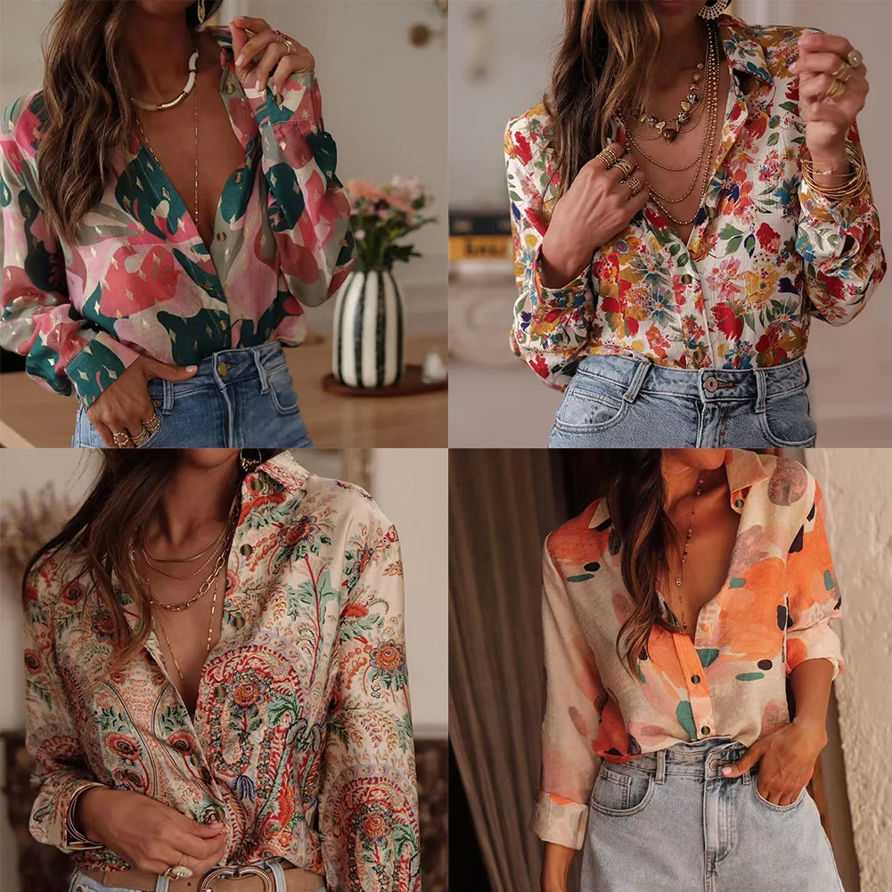 2025 Autumn Casual Long Sleeve Blouse Printed Collar Shirt For Women For Leisure Vacation Temperament Loose Top Woman Clothes