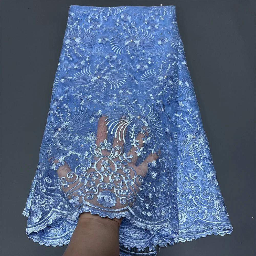 

2025 Nigerian Tulle Lace 5Yards, Beaded French Guipure Sequins Embroidery for Wedding Dress & Party Gown,African Bridal Fabric