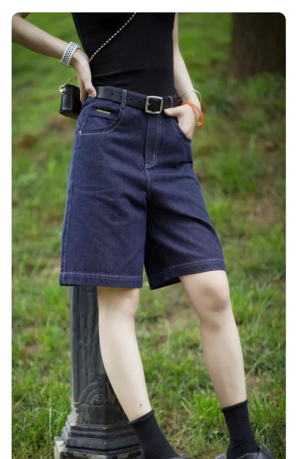 夏用レディースデニムショートパンツ薄い新しいハイウエストデザインニッチストレート5点パンツ女性用ワイドレッグミディアムパンツ