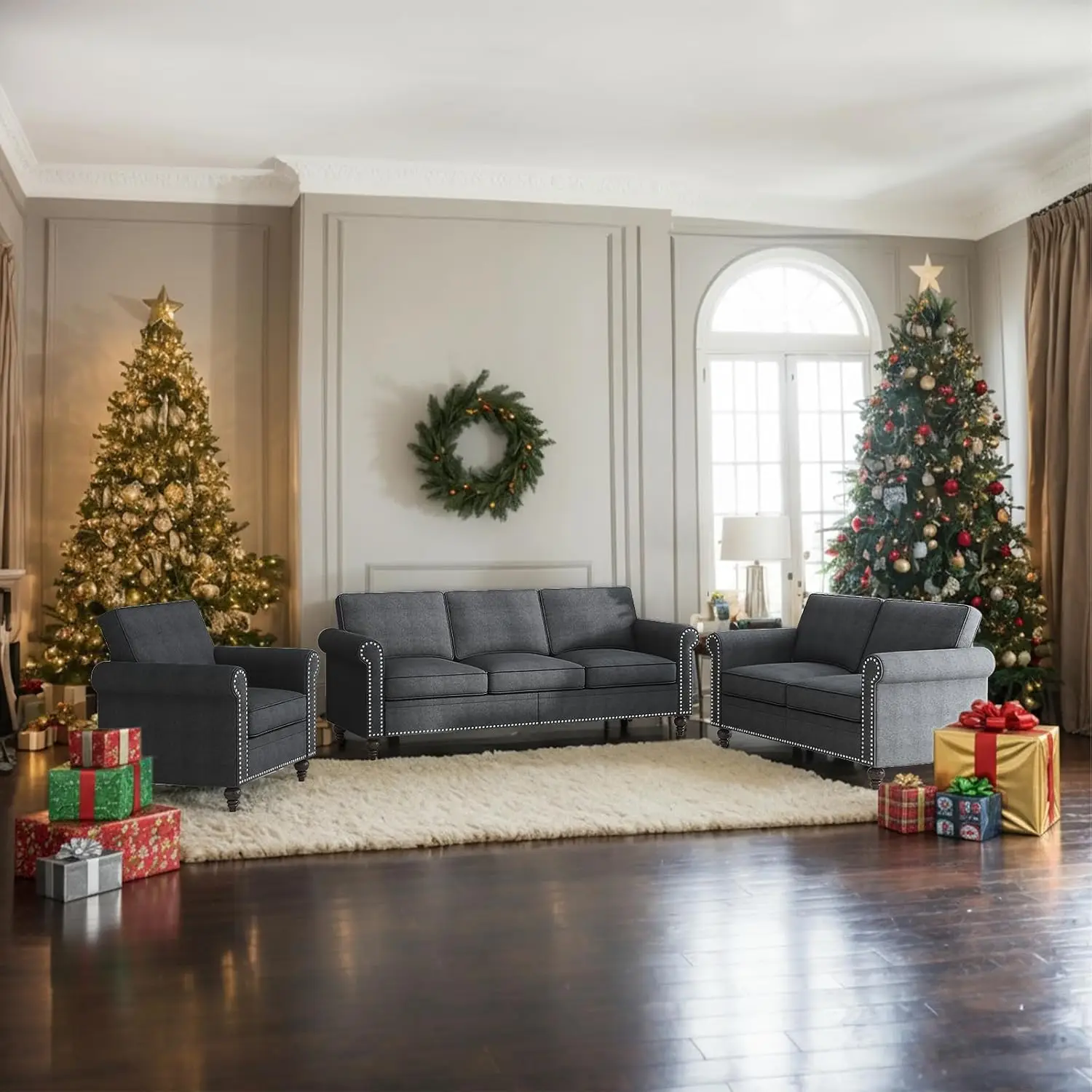 

3 шт. диван для гостиной, современный льняной диван с дизайном отделки гвоздя, комплект мебели для гостиной для офиса, квартира,