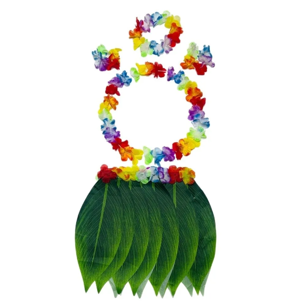 5Pcs Simulation Leaf Hawaiian Luau Outfit Set Hibiscus Wreaths Hawaiian Garlands Complete Dance Outfit Grass Skirt