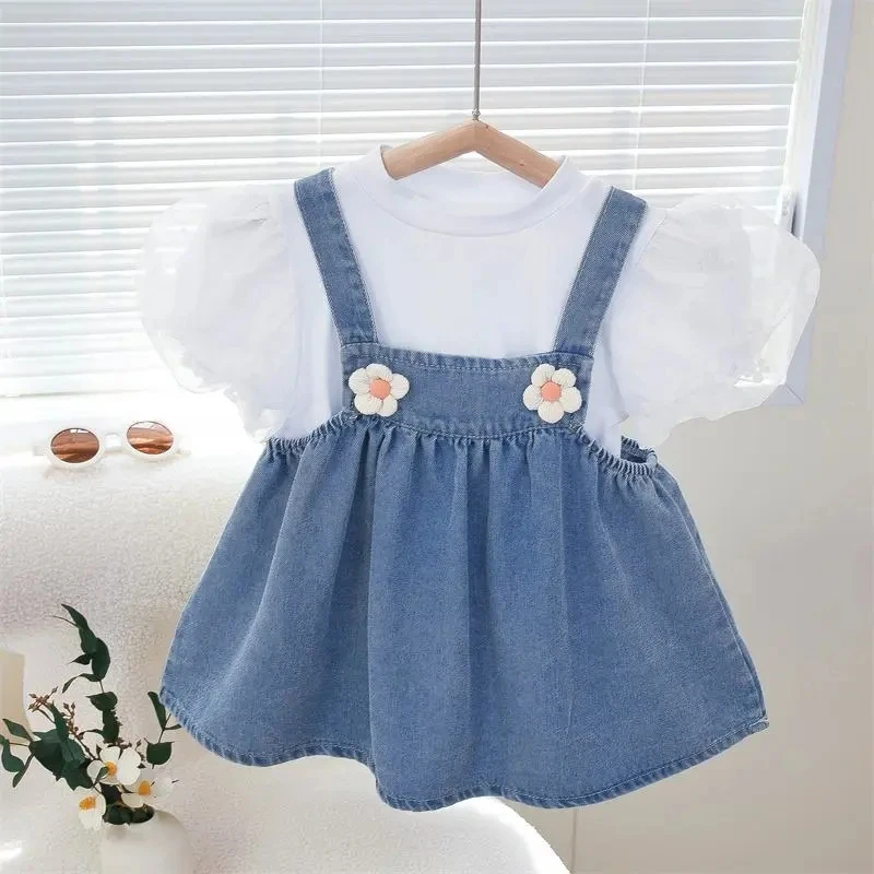 

Baby Girls Dress Set New Fashionable Children's Summer Denim Strap Dress T-shirt 2-piece Set Children's Princess Dress