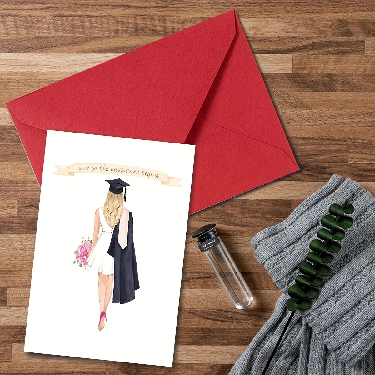 Elegant Watercolor Graduation Card - Girl in Dress and Flowers and "Adventure Journey" Banner - Perfect Graduation Gift - view 4