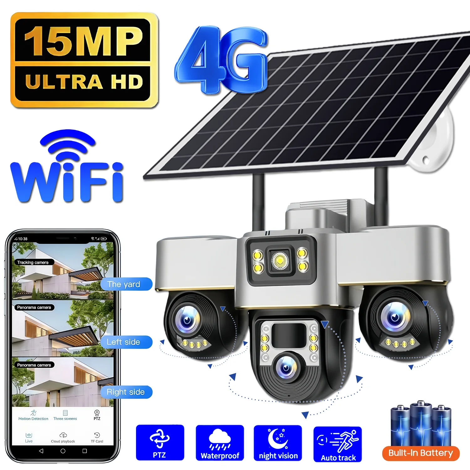 

4G/WIFI Solar Camera 3 in 1 PTZ Night Vision IP Monitor Wireless Outdoor 10XZoom Surveillance Security Protection V380 Cameras