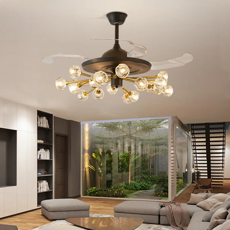 Invisible fan chandelier dining room bedroom ceiling fan fashion home postmodern simple living room crystal ceiling fan lamp