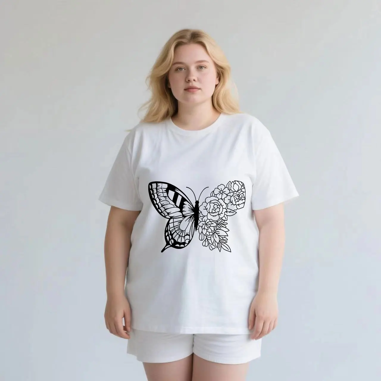 

Butterfly print with mysterious and elegant lines plus size Ladies' casual short sleeved T-shirt white