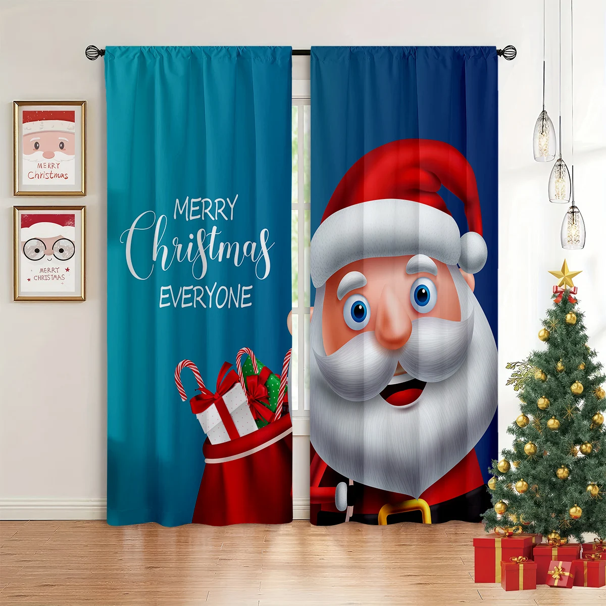 2pcs Curtains With A Cute Cartoon Santa Claus Print—Perfect For Gifts And Festive Party Decorations In Children's Rooms.