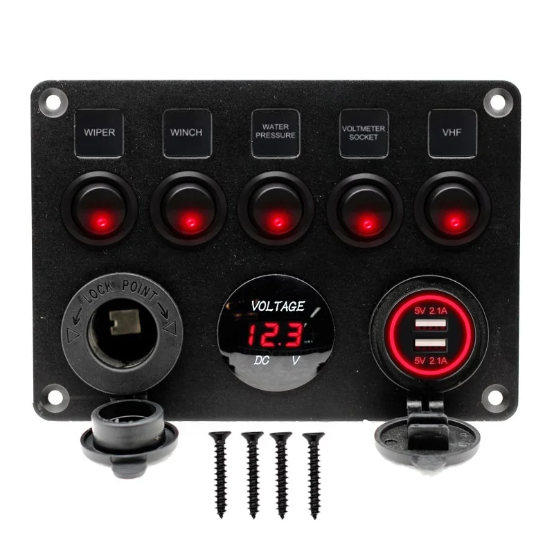 

（1Pack）DC 12-24V Waterproof 5 Gang Rocker Switch Panel Dual USB SlotSocket 5V4.2A CigaretteLighter Voltmeter for MarineBoatCarRv