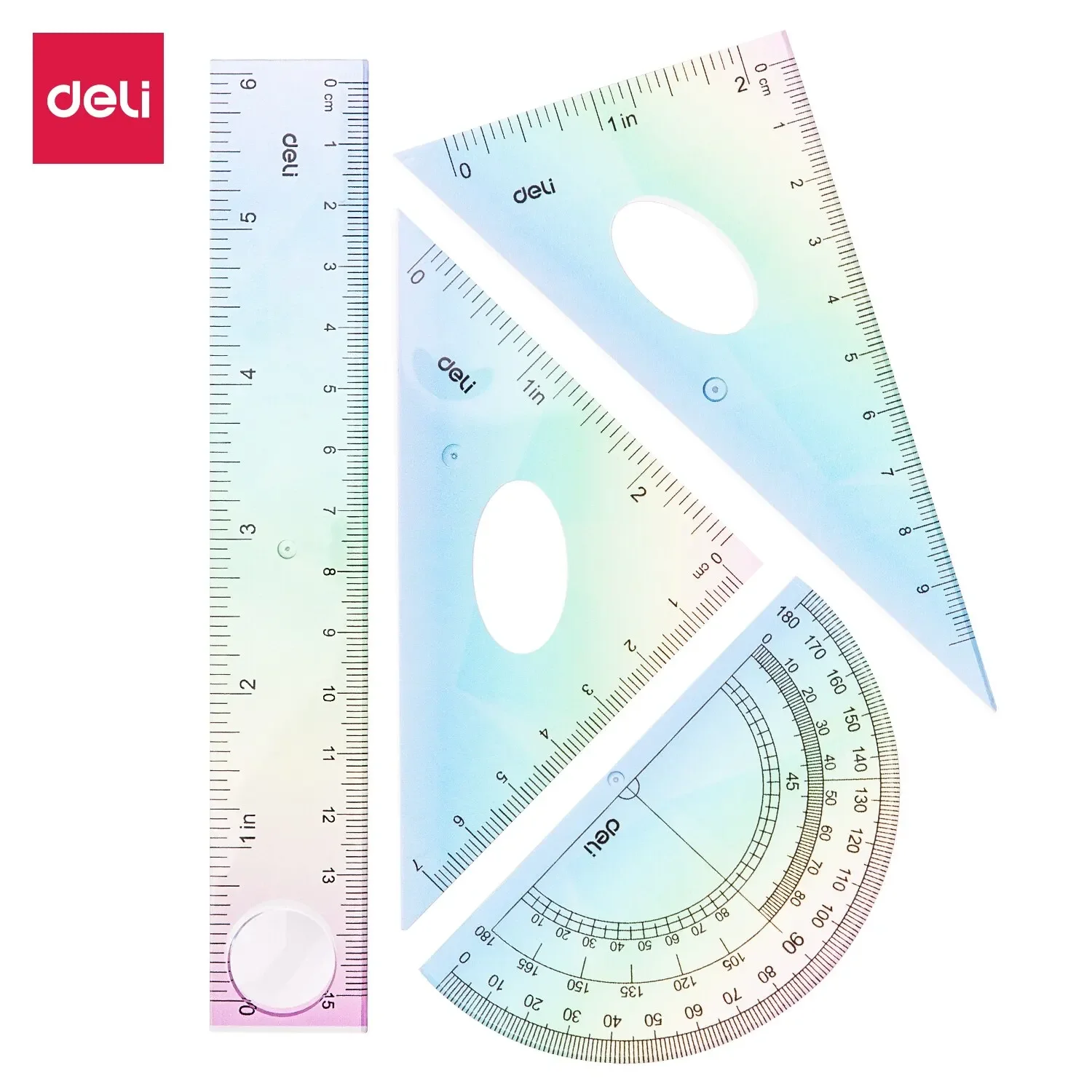 Deli Ruler Set 4pcs/Set PS Plastic Geometry Maths Drawing Compass Stationery Rulers Mathematical for School Random color