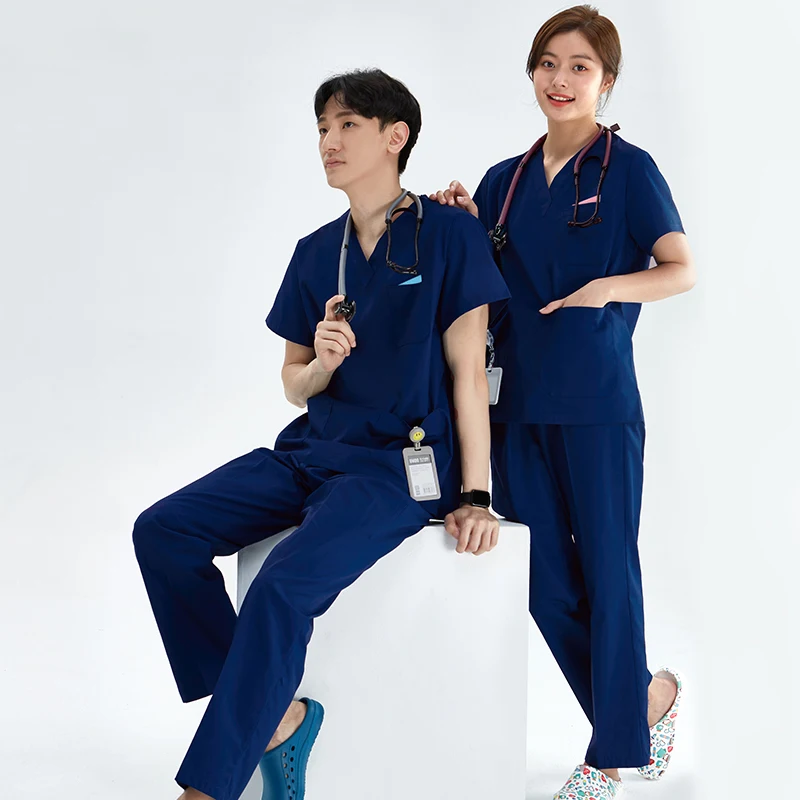 

Men's Medical Scrubs Doctor Uniforms Hospital Scrub Set Workwear Round Neck Top and Pant Suit Aesthetic Clothes Dental Set 205