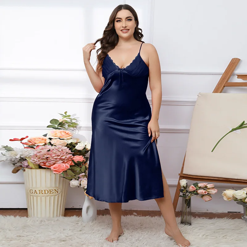 Large size Women Sleepwear Summer Homewear Solid Satin Seemless Midi Nightdress Plus Size Spaghetti Strap Nightgown 60-75kg