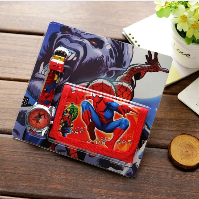 Disney Mickey Children watches Cartoon Wallet Watch Set Spiderman Minnie Quartz Leather Watches Students Birthday Gifts