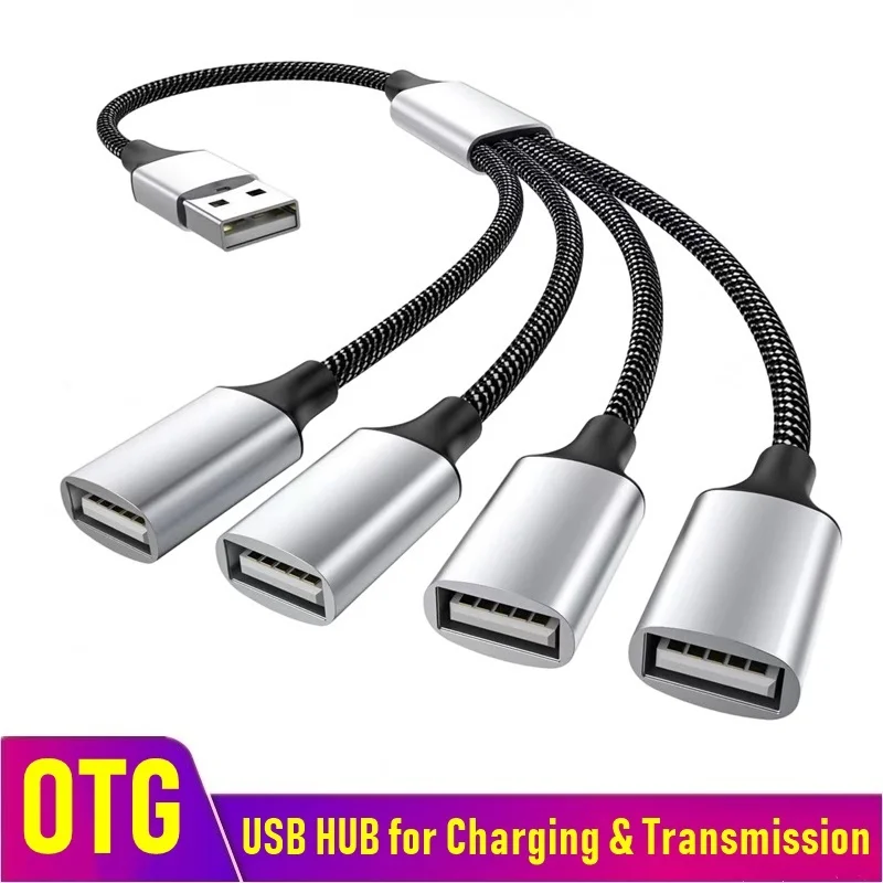 Extensões de hub divisor de cabo usb, 4 portas, carregador de telefone, adaptador de energia otg, expansor múltiplo, encaixe de carregamento para computador portátil