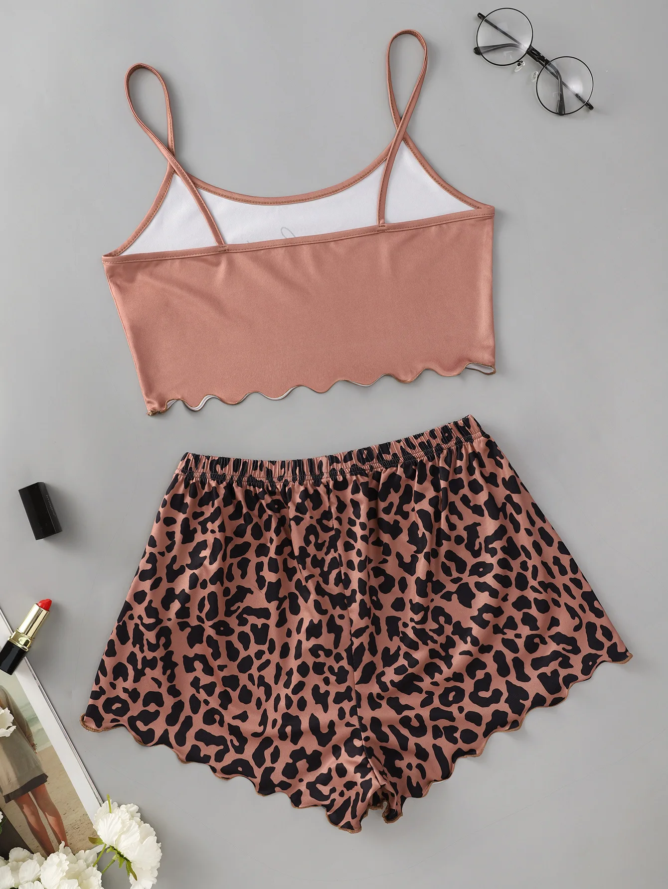 Women\'s 2pcs Cute Soft Comfy Leopard  Print Spaghetti Strap Shorts Sleepwear Sleeveless Sleepwear & Loungewear  Pajama Set