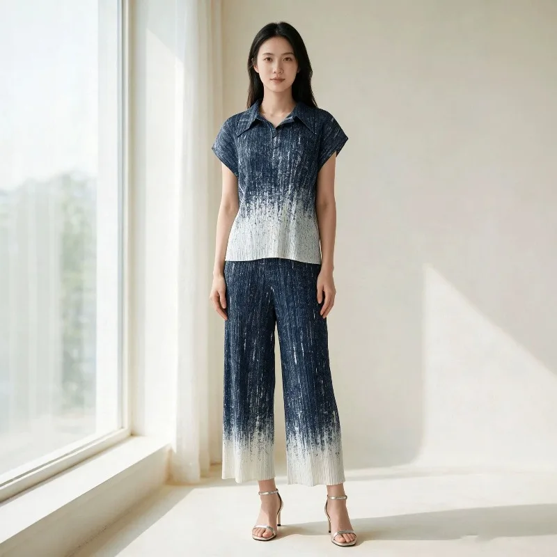 Miyake Pleated 2026 New Summer Gradient Print Women's Collar T-Shirt Short Sleeve Cardigan Polo Wide-Leg Pants Casual Set Pleat
