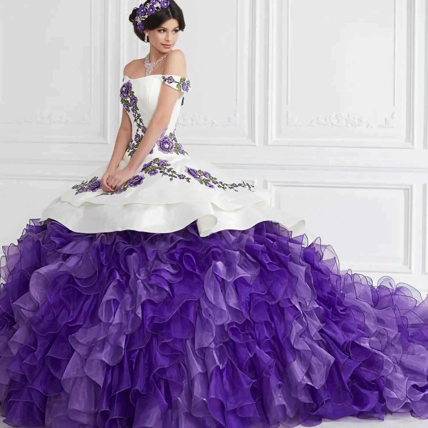 Purple Charro Quinceanera Dresses Ball Gown Off The Shoulder Ruffles Appliques Puffy Mexican Sweet 16 Dresses 15 Anos