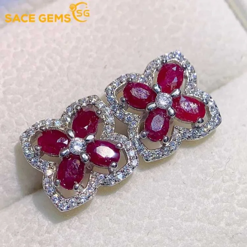 

SACE GEMS Fashion Jewelry Earrings for Women 925 Sterling Silver 3*4MM Natural Ruby Stud Earrings Wedding Party Fine Jewelry