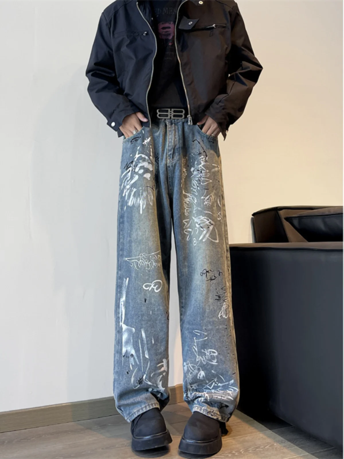 

Loose Straight Leg Men's Jeans American Sle Hip Hop fiti Vintage Spring Autumn Trendy Brand Couple's Casual Jeans