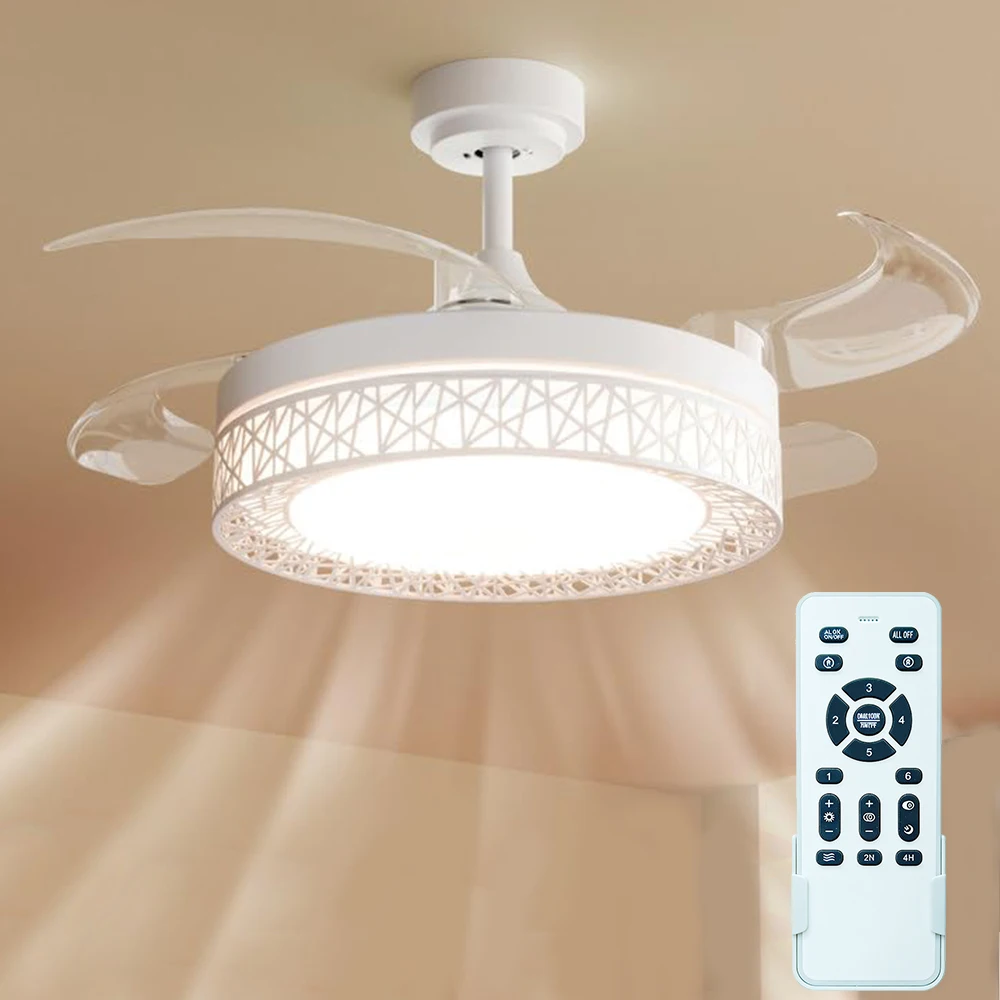 Einziehbarer Deckenventilator mit Licht, Moderner Kronleuchter-Ventilator mit Fernbedienung, 3-Farben Dimmbar, Geeignet für Schlafzimmer