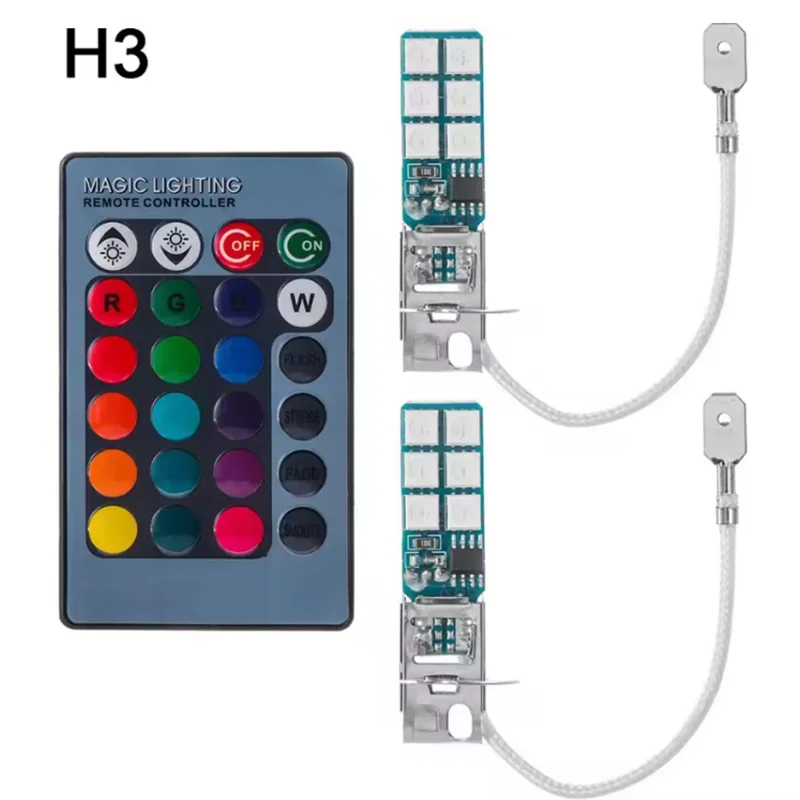 

2pcs RGB Colorful H3 h3 LED Fog Light with Remote 5050 Led fog lights LED Car Front fog Driving Running Light