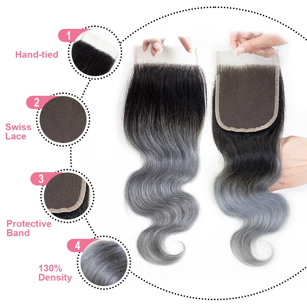 4x4 dentelle fermeture cheveux humains Ombre 1B gris rose vague de corps fermeture brésilienne vague de corps Remy cheveux humains 14 pouces fermeture cheveux humains