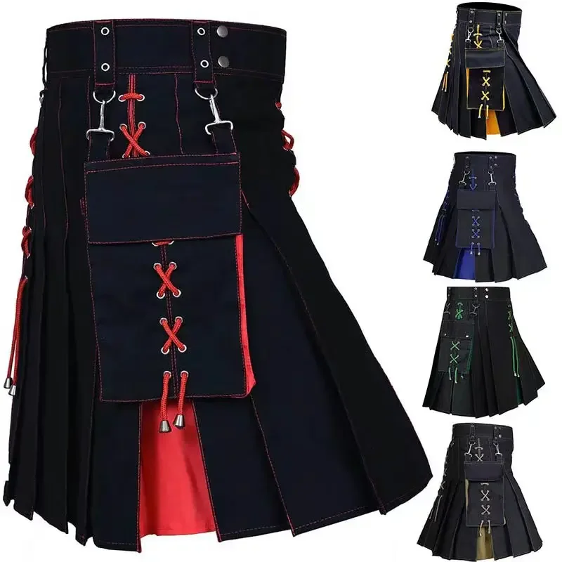 Men Scottish Festival Men Kilt Traditional Highland Dress Medieval Skirt Pocket Modern Casual Dance Mens Festivals Pleated Skirt