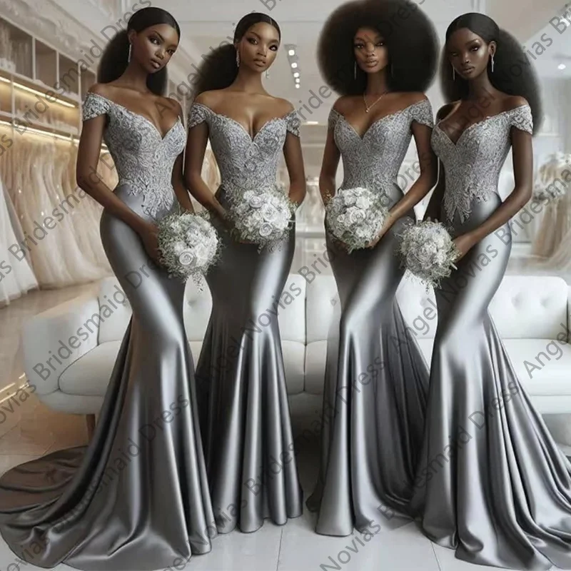 

Customized Long Grey Satin Mermaid Bridesmaid Dresses 2025 Wedding Party Maid Of Honor Dress Vestido De Madrinha De Casamento