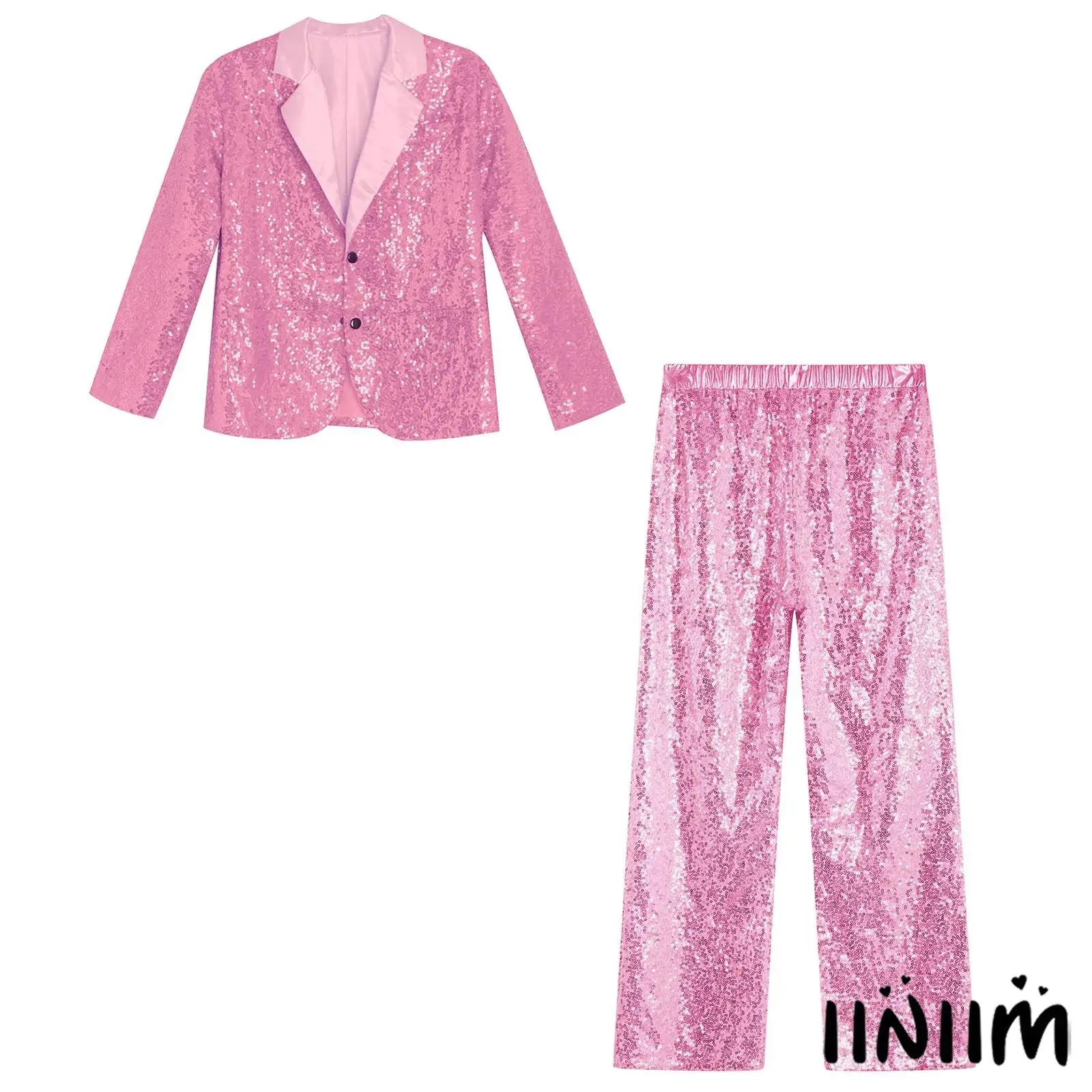 

Sparkly Sequin Girl's Blazer Jacket with High Waist Pants Set Lapel Elastic Waistband Party Dance Jazz Dance Halloween Costume