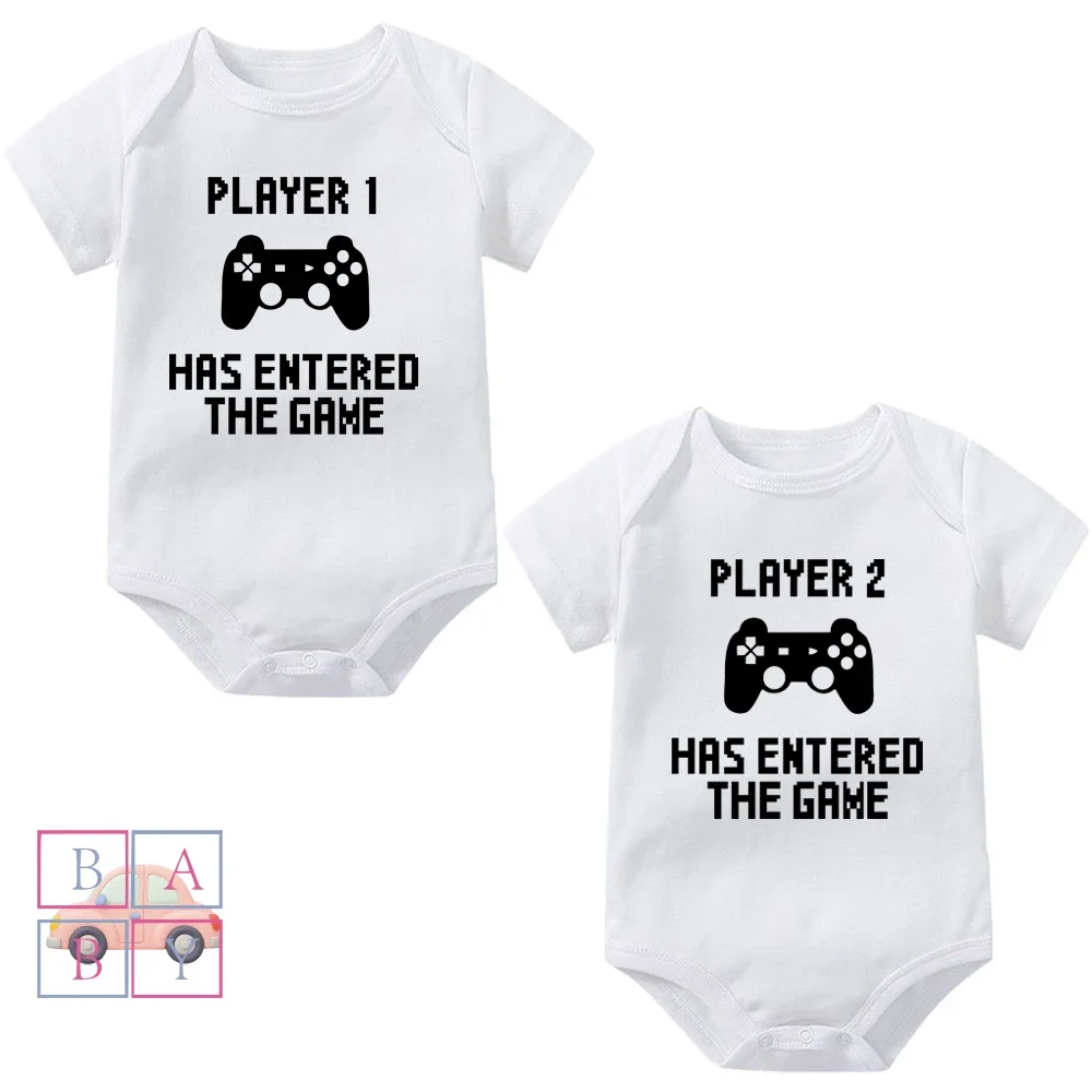 Player 1 2 3 4 Has Entered The Game Newborn Bodysuit Funny Twins Baby Romper Short Sleeve Infant Siblings Matching Clothes