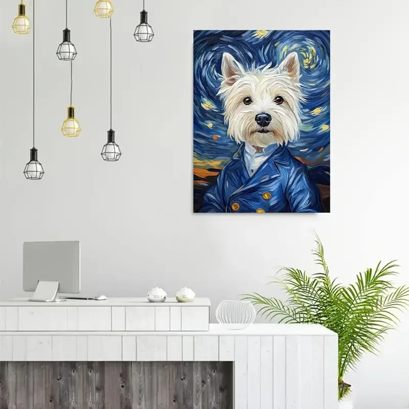 Van Gogh-Style West Highland White Terrier (Westie) Dog - لوحة فنية قماشية مرسومة يدويًا بدون إطار مقاس 11.8 × 15.7 بوصة، مدخل ليلي مرصع بالنجوم