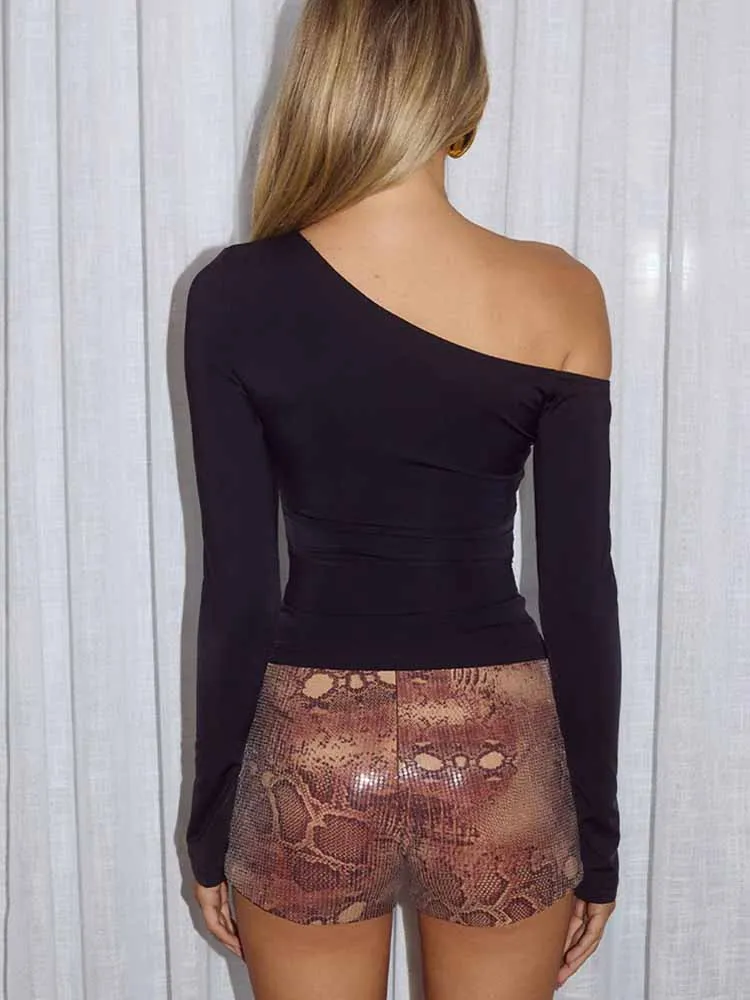 MCDV-Conjunto de dos piezas con estampado Vintage para mujer, camiseta Sexy de manga larga con hombros descubiertos, Mini pantalones cortos con lentejuelas de cintura baja, trajes de fiesta para discoteca Y2k