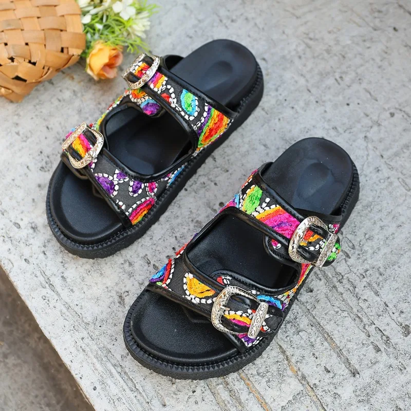 Summer New Flat Slippers Women's Round Head Open Toe Thick Soled Anti-slip Wear-resistant Sandals